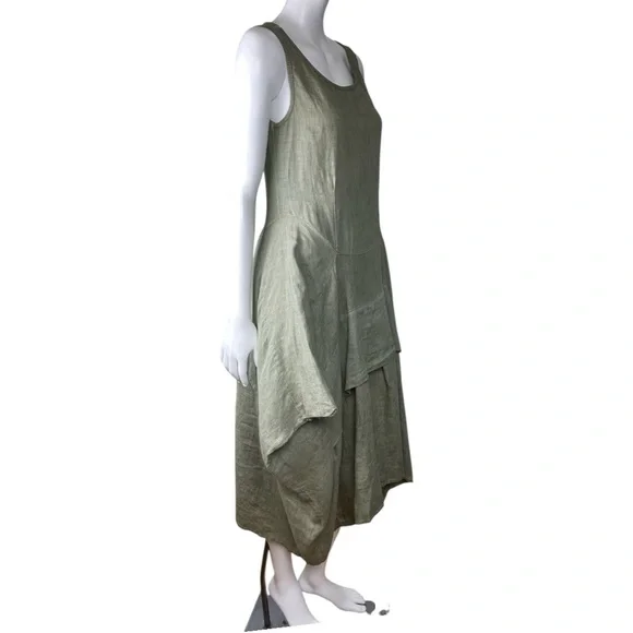 INIZIO 100% Linen Green Tiered Midi Tank Dress Sleeveless Stretch Women’s Medium - Picture 3 of 16